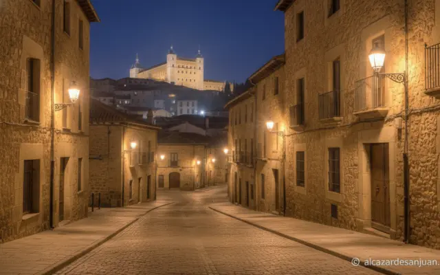 Nighttime view of Toledo Spain historic city center with warm modern LED street lighting illuminating historic stone build...