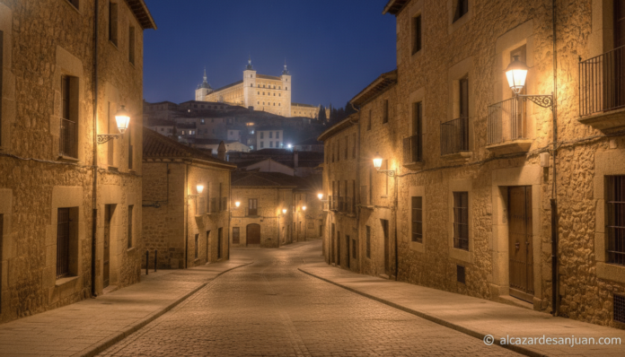 Nighttime view of Toledo Spain historic city center with warm modern LED street lighting illuminating historic stone build...