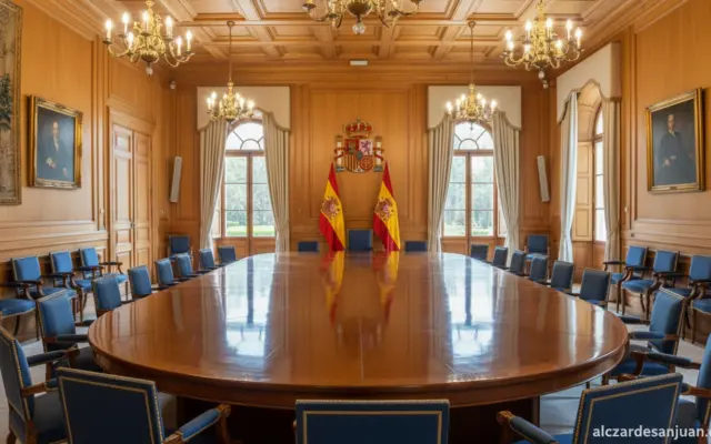 Official Spanish government council of ministers meeting room in Madrid, La Moncloa, elegant conference table with Spanish...