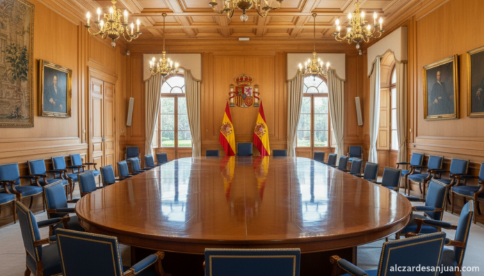Official Spanish government council of ministers meeting room in Madrid, La Moncloa, elegant conference table with Spanish...