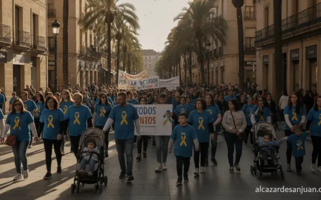 People walking together in a city street during a solidarity march, diverse crowd including families with children, sunny ...