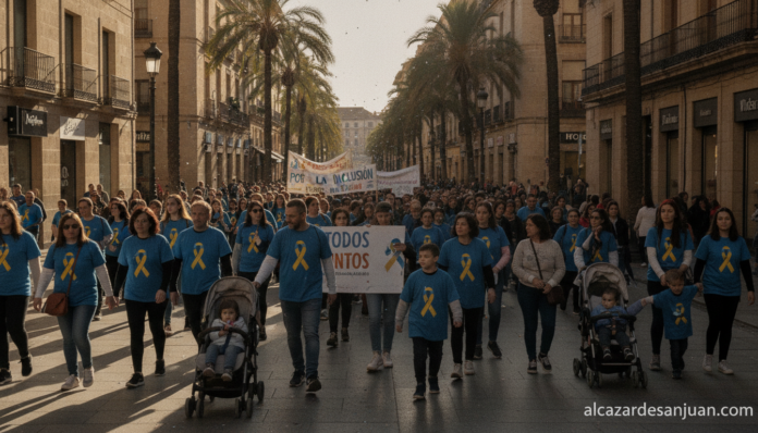 People walking together in a city street during a solidarity march, diverse crowd including families with children, sunny ... People walking together in a city street during a solidarity march, diverse crowd including families with children, sunny ...