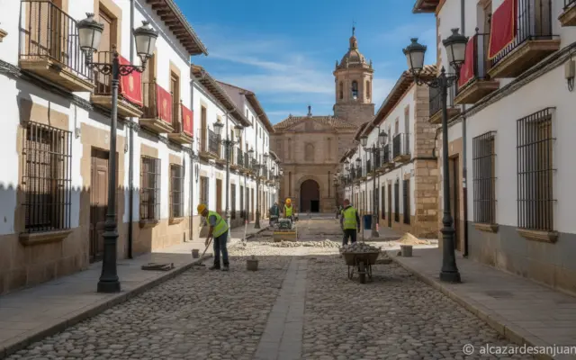Image of a historic Spanish town center street in Castilla-La Mancha, with cobblestone pavement being renovated. Tradition...