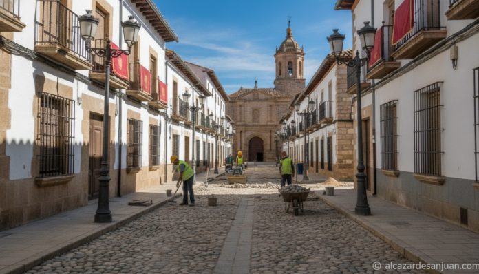 Image of a historic Spanish town center street in Castilla-La Mancha, with cobblestone pavement being renovated. Tradition...