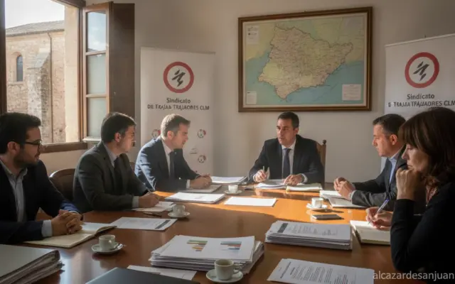 Image of a Spanish trade union meeting room or office, workers gathered around a table discussing labor rights, CLM region...