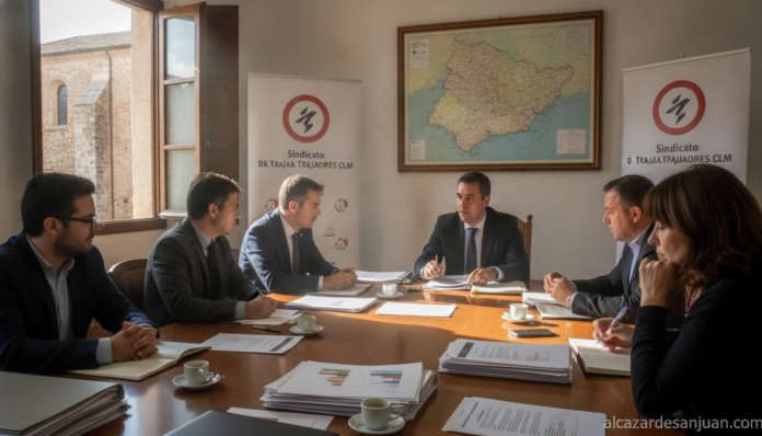 Image of a Spanish trade union meeting room or office, workers gathered around a table discussing labor rights, CLM region...
