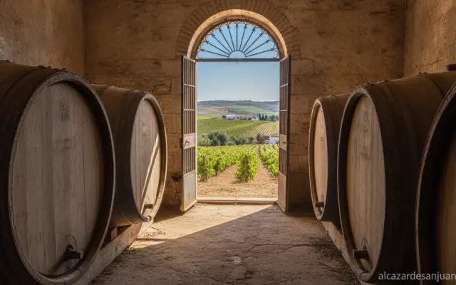 Image of wine barrels and vineyards in Almansa, Albacete, Spain. Spanish wine cellar with Garnacha Tintorera grapes, Medit...