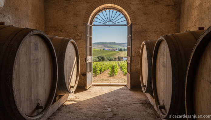 Image of wine barrels and vineyards in Almansa, Albacete, Spain. Spanish wine cellar with Garnacha Tintorera grapes, Medit...