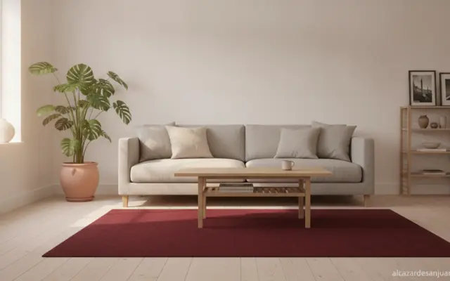 Interior photo of a Scandinavian Nordic-style living room with a deep burgundy red rug on a light wood floor. White walls,...