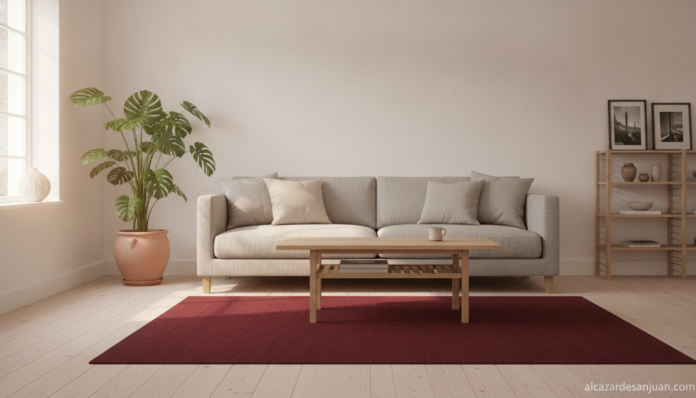 Interior photo of a Scandinavian Nordic-style living room with a deep burgundy red rug on a light wood floor. White walls,...