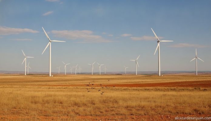 Landscape photograph of wind turbines on a dry steppe plain in Castilla-La Mancha, Spain. A small flock of birds flies in ...