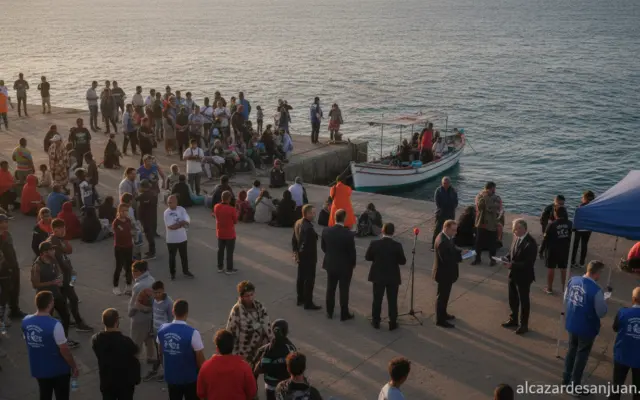 Scene of a harbor pier in the Canary Islands, Spain, with humanitarian workers and volunteers receiving migrants. Warm sun...