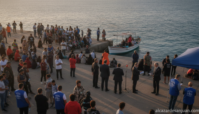 Scene of a harbor pier in the Canary Islands, Spain, with humanitarian workers and volunteers receiving migrants. Warm sun...