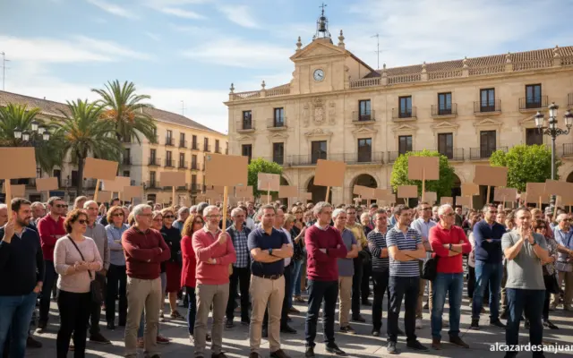 Scene of a peaceful citizen demonstration in a Spanish city plaza, people holding signs protesting parking fees, daytime u...