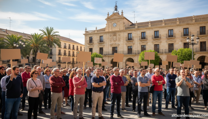 Scene of a peaceful citizen demonstration in a Spanish city plaza, people holding signs protesting parking fees, daytime u...