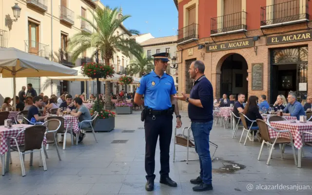 Scene of a Spanish police officer in uniform attending to an incident outside a bar or restaurant in a Spanish city. The o...