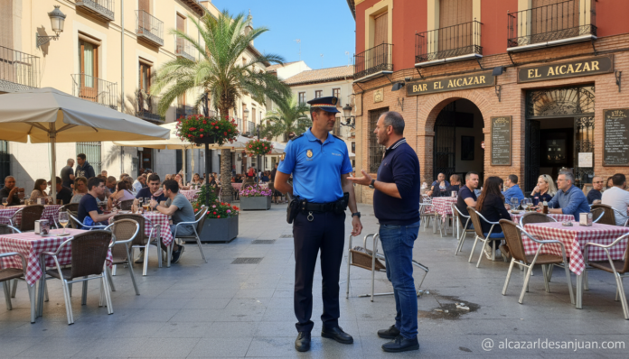 Scene of a Spanish police officer in uniform attending to an incident outside a bar or restaurant in a Spanish city. The o...