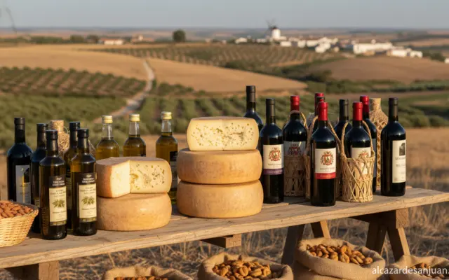 Scene of a Spanish rural food market in Castilla-La Mancha: aged manchego cheese wheels, extra virgin olive oil bottles an...
