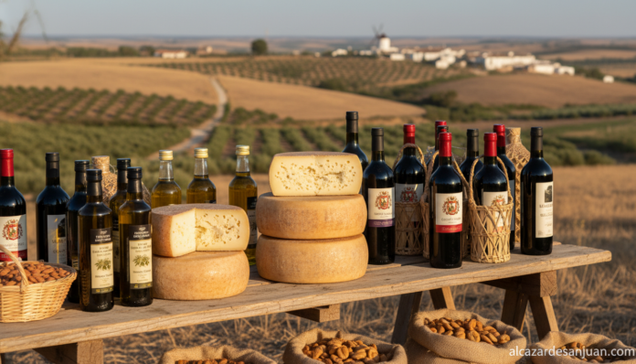 Scene of a Spanish rural food market in Castilla-La Mancha: aged manchego cheese wheels, extra virgin olive oil bottles an...