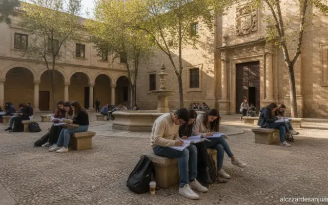 Wide-angle photograph of Spanish university students studying in an outdoor campus courtyard, academic setting in Castilla...
