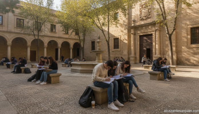 Wide-angle photograph of Spanish university students studying in an outdoor campus courtyard, academic setting in Castilla...