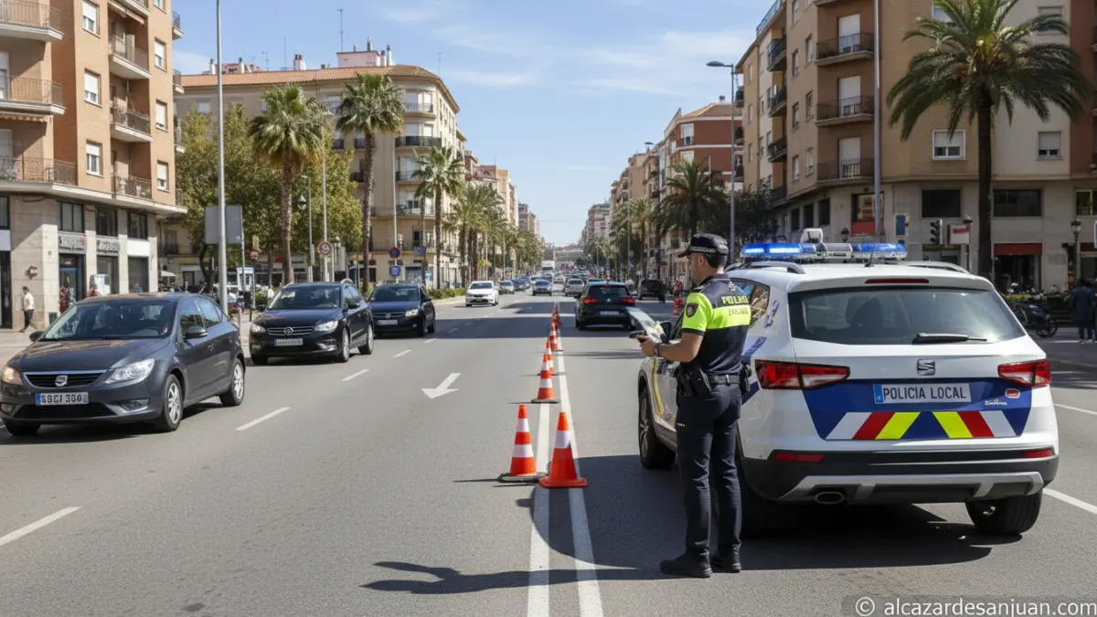 Police speed radar control on a Spanish city road, local police officer with speed detection equipment, traffic safety che...