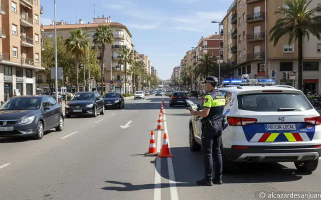 Police speed radar control on a Spanish city road, local police officer with speed detection equipment, traffic safety che...