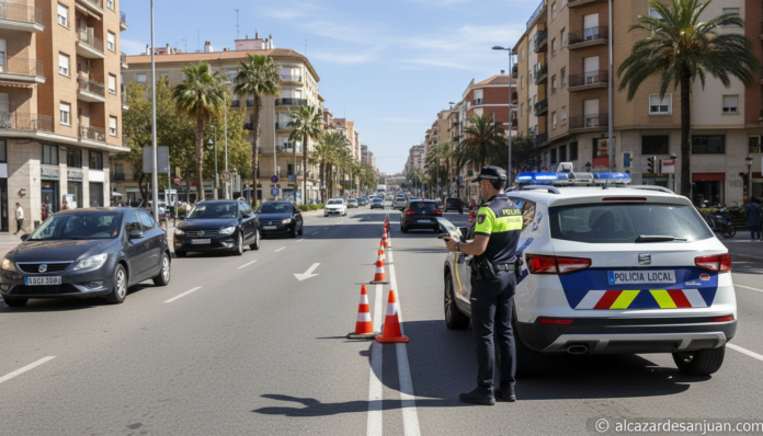 Police speed radar control on a Spanish city road, local police officer with speed detection equipment, traffic safety che...