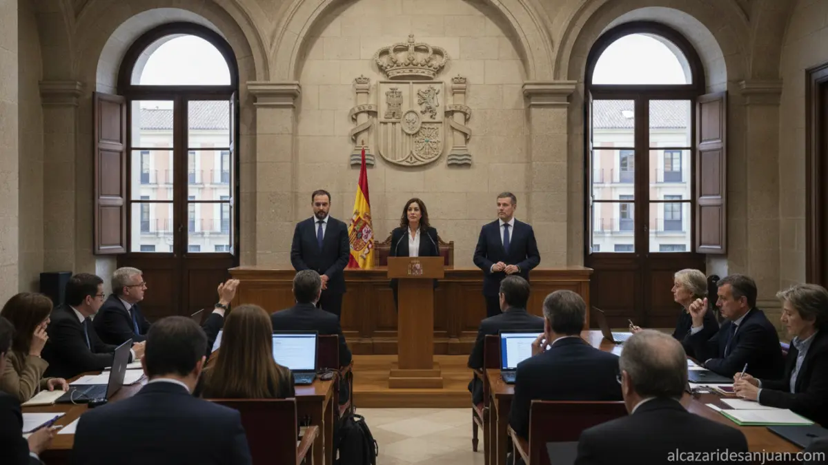 Press conference room in Spain, government ministers at a podium with Spanish flag, journalists in audience, formal govern...