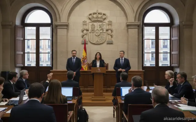 Press conference room in Spain, government ministers at a podium with Spanish flag, journalists in audience, formal govern...