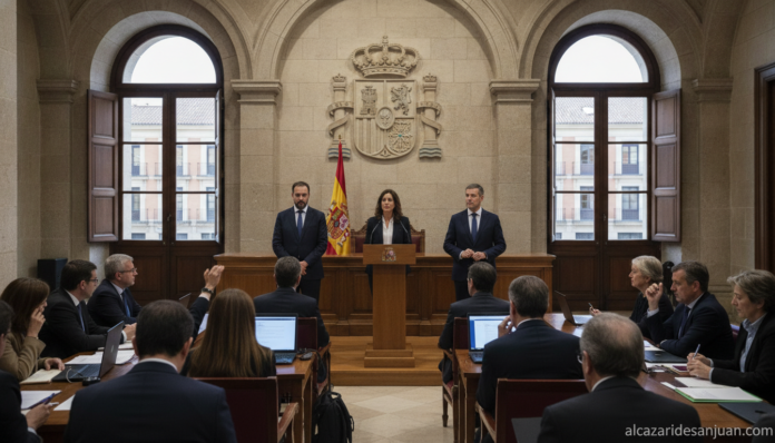 Press conference room in Spain, government ministers at a podium with Spanish flag, journalists in audience, formal govern... Press conference room in Spain, government ministers at a podium with Spanish flag, journalists in audience, formal govern...