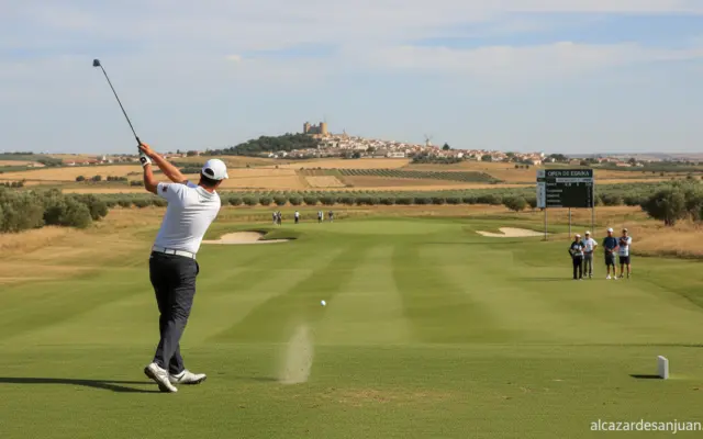 Golf tournament in Spain, golfer on a green course at a driving iron shot, sports competition, La Mancha region countrysid...