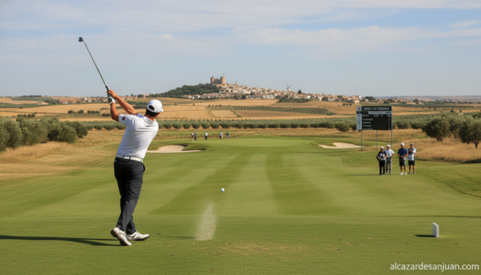 Golf tournament in Spain, golfer on a green course at a driving iron shot, sports competition, La Mancha region countrysid...