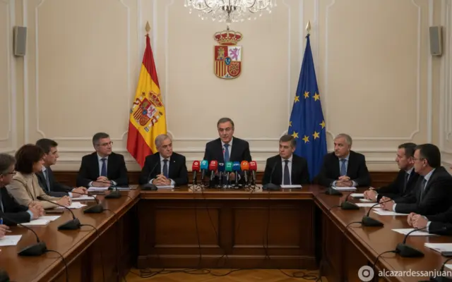 Political press conference setting in Spain, microphones on a table, Spanish flag visible in background, formal meeting ro...