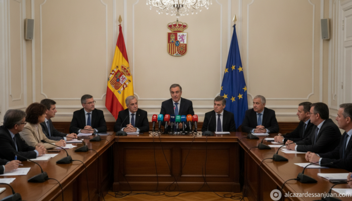 Political press conference setting in Spain, microphones on a table, Spanish flag visible in background, formal meeting ro...