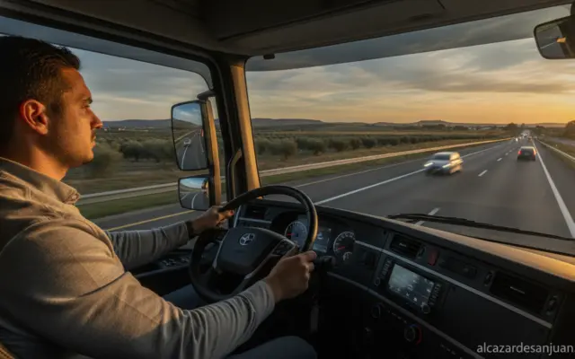 Truck driver sitting in a modern cab, holding a steering wheel, looking focused on the road. Spain highway in the backgrou...