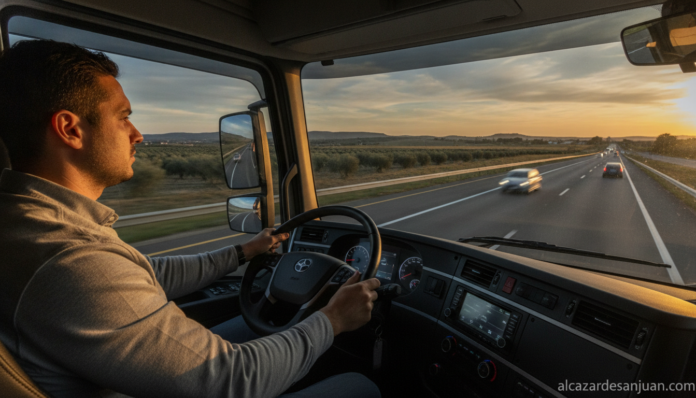 Truck driver sitting in a modern cab, holding a steering wheel, looking focused on the road. Spain highway in the backgrou...