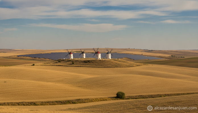 Paisaje manchego con molinos de viento y paneles solares al fondo en Castilla-La Mancha