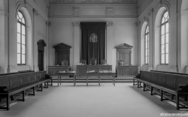Sala de vistas de tribunal español, interior arquitectura clásica, bancos de madera, ambiente formal y sobrio, luz natural...