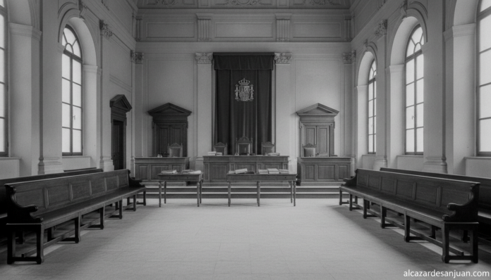 Sala de vistas de tribunal español, interior arquitectura clásica, bancos de madera, ambiente formal y sobrio, luz natural...