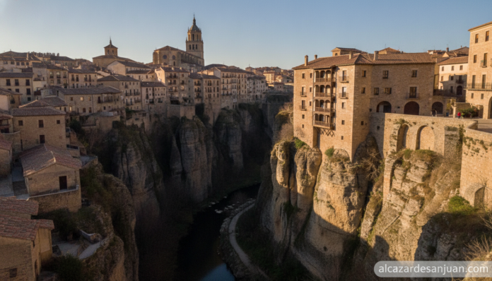 Scenic view of Cuenca, Spain, with historic hanging houses (Casas Colgadas) over the gorge, sunny day, stone architecture,...