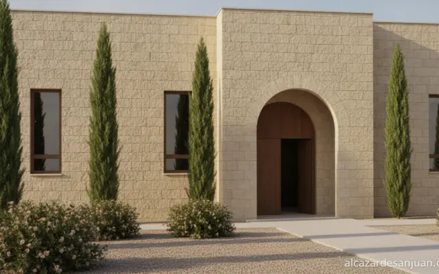 Serene and dignified Spanish funeral home exterior with stone facade, small garden with cypress trees, warm soft daylight,...