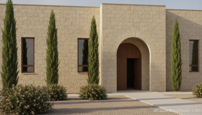 Serene and dignified Spanish funeral home exterior with stone facade, small garden with cypress trees, warm soft daylight,...