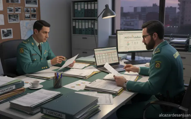 Spanish Civil Guard Guardia Civil investigators working at a desk reviewing financial documents, police investigation envi...
