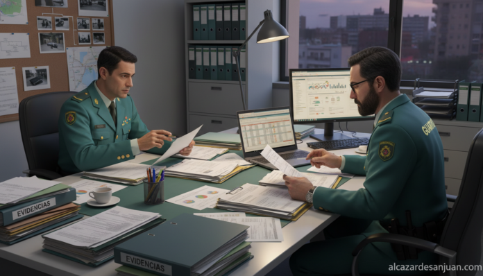 Spanish Civil Guard Guardia Civil investigators working at a desk reviewing financial documents, police investigation envi...