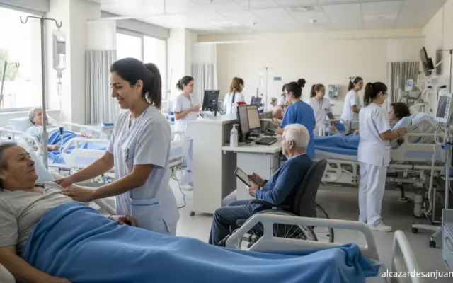 Spanish nurses working in a hospital ward, healthcare environment, nurses in scrubs attending to patients, Castilla-La Man...