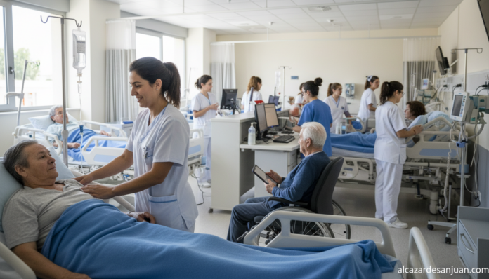 Spanish nurses working in a hospital ward, healthcare environment, nurses in scrubs attending to patients, Castilla-La Man...