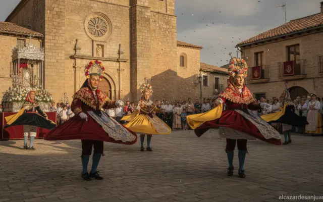 Traditional Spanish folk dance performance in a Castilian village square, dancers in colorful historical costumes with ela...