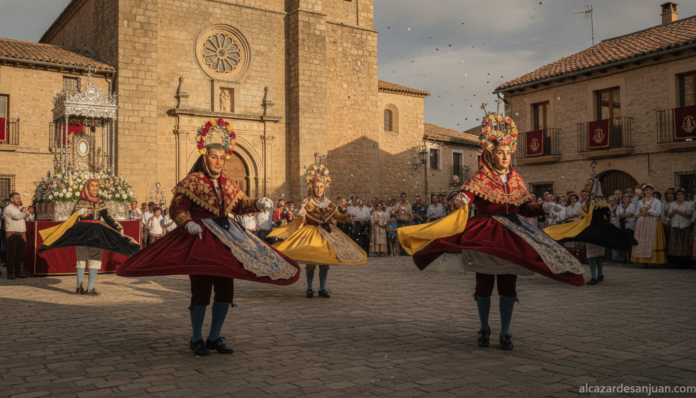 Traditional Spanish folk dance performance in a Castilian village square, dancers in colorful historical costumes with ela...