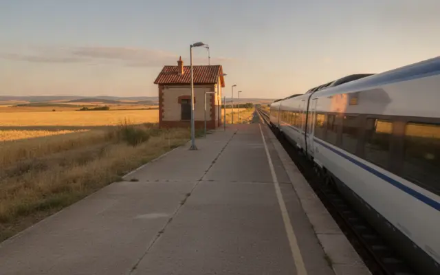 Train station platform in rural Spain, Castilla-La Mancha landscape with wheat fields in background, modern train arriving...